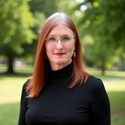 Headshot of Cora Castle, LGBTQ+ Commission Chair, smiling in a black shirt.